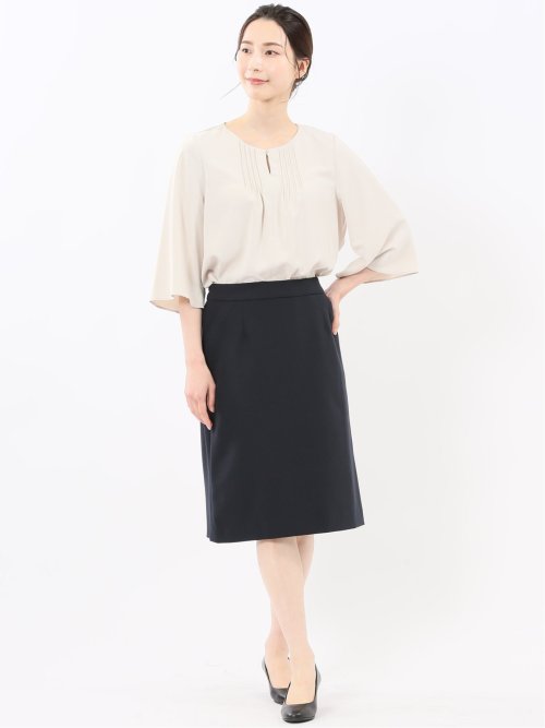 ピンタック 7分袖プルオーバーブラウス