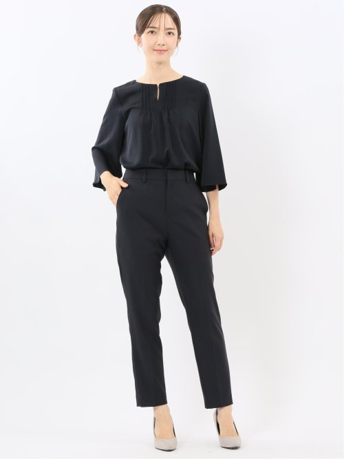 ピンタック 7分袖プルオーバーブラウス