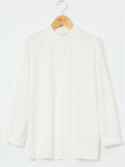 ストレッチ バンドカラーフリル 長袖ブラウス