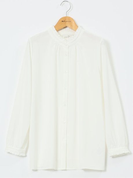 ストレッチ バンドカラーフリル 長袖ブラウス