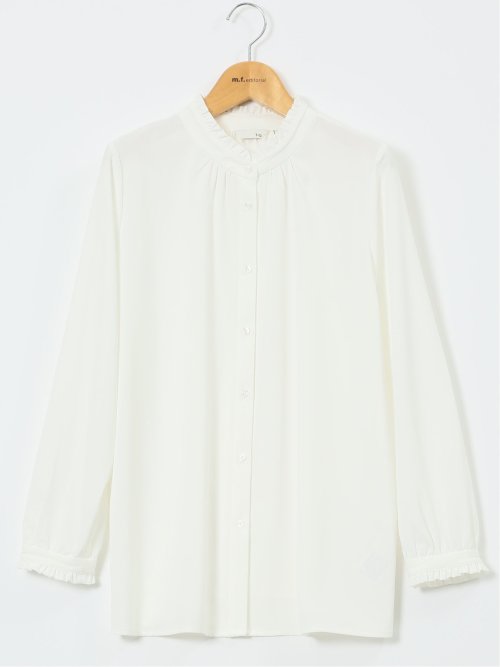 ストレッチ バンドカラーフリル 長袖ブラウス