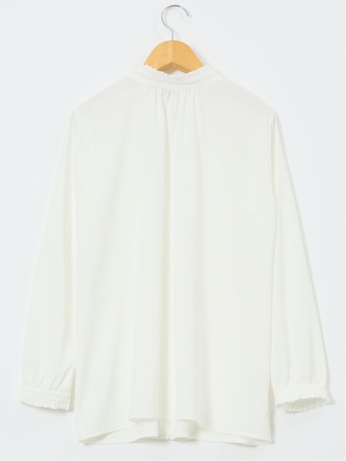 ストレッチ バンドカラーフリル 長袖ブラウス