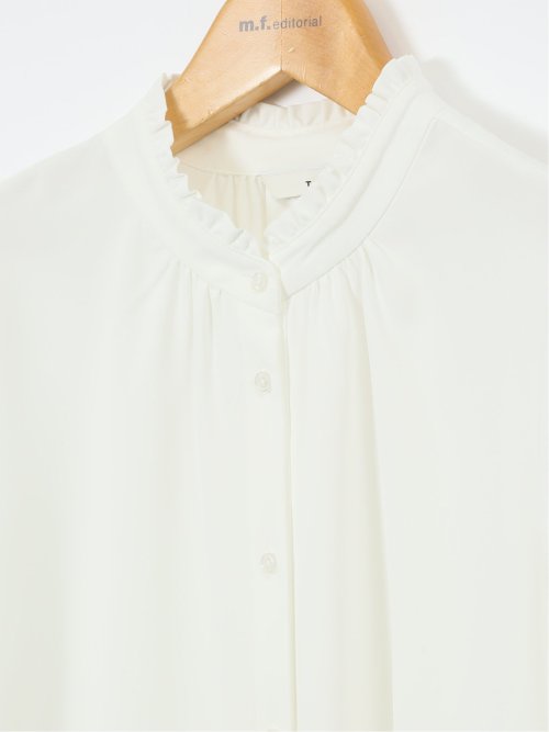 ストレッチ バンドカラーフリル 長袖ブラウス