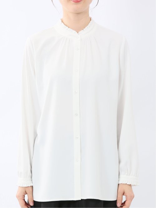 ストレッチ バンドカラーフリル 長袖ブラウス