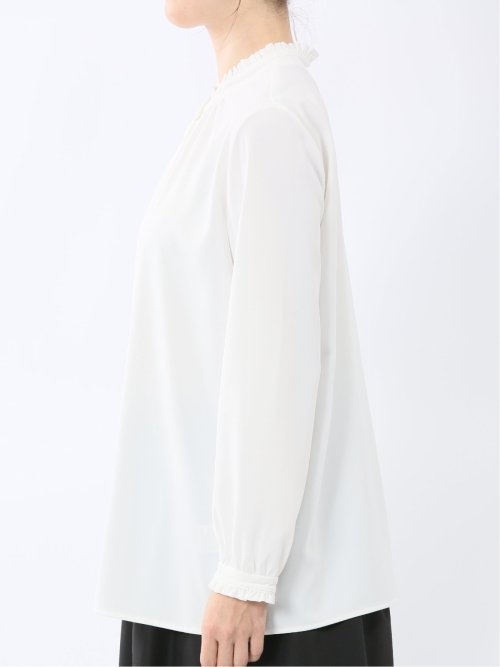 ストレッチ バンドカラーフリル 長袖ブラウス