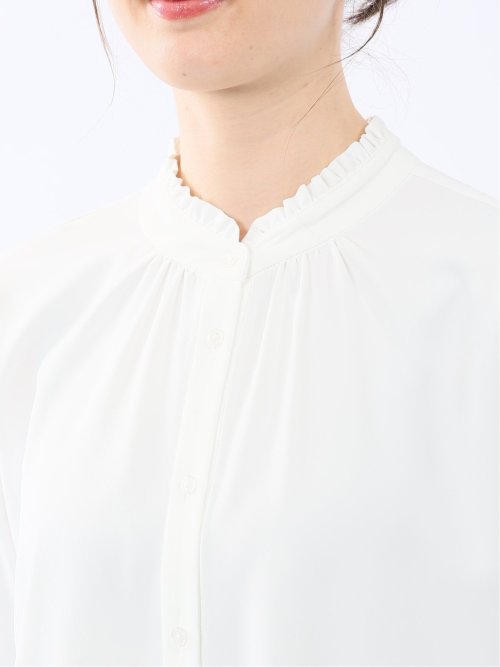 ストレッチ バンドカラーフリル 長袖ブラウス