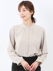 ストレッチ バンドカラーフリル 長袖ブラウス