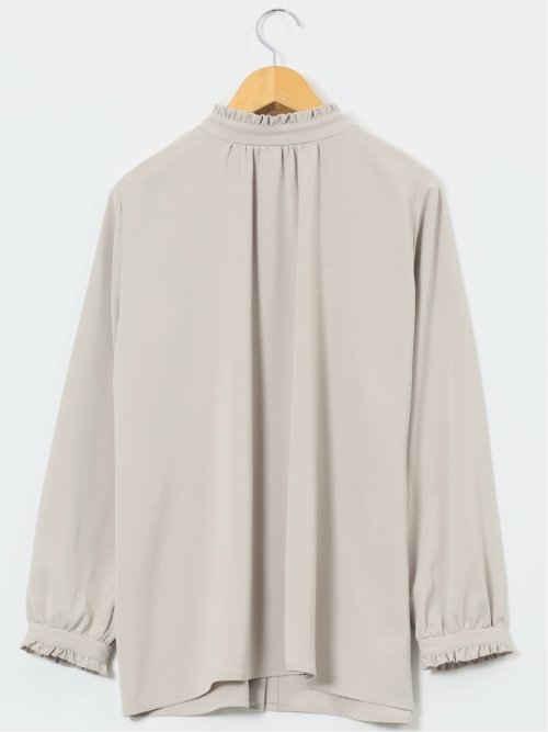 ストレッチ バンドカラーフリル 長袖ブラウス