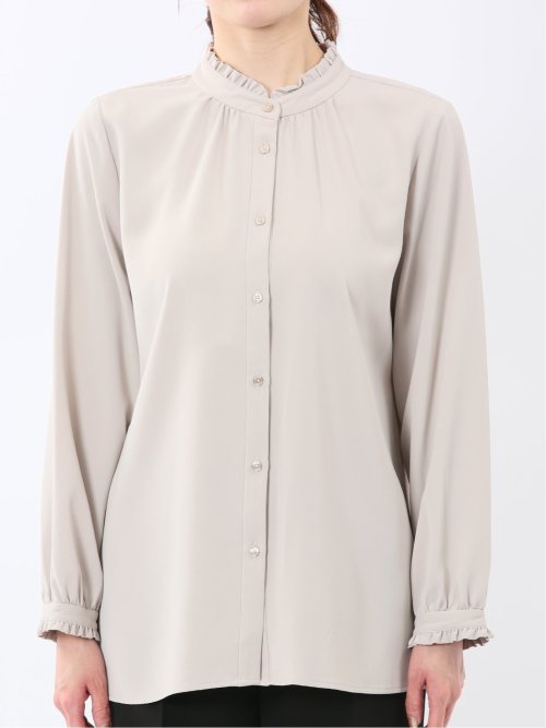 ストレッチ バンドカラーフリル 長袖ブラウス