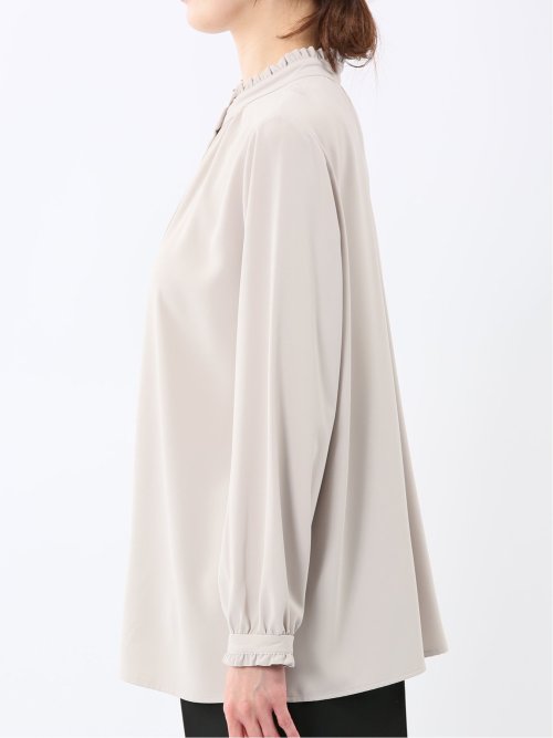 ストレッチ バンドカラーフリル 長袖ブラウス