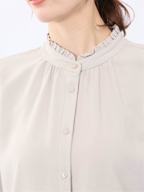 ストレッチ バンドカラーフリル 長袖ブラウス