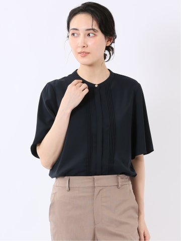 接触冷感 速乾 UV ストレッチ バンドカラー 半袖 比翼 ブラウス