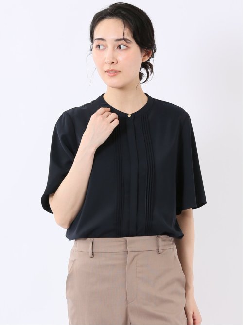 接触冷感 速乾 UV ストレッチ バンドカラー 半袖 比翼 ブラウス