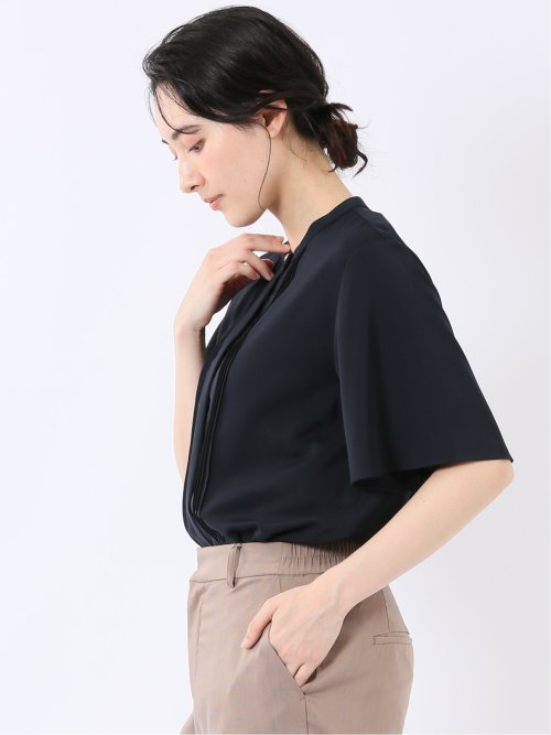 接触冷感 速乾 UV ストレッチ バンドカラー 半袖 比翼 ブラウス