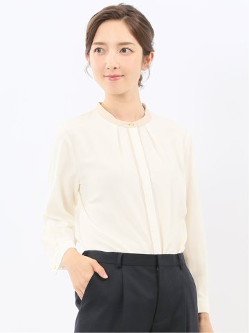 バンドカラー配色 比翼 長袖ブラウス
