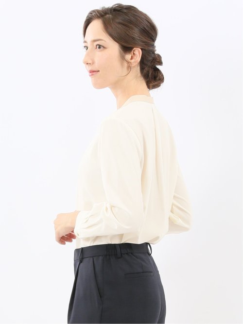 バンドカラー配色 比翼 長袖ブラウス