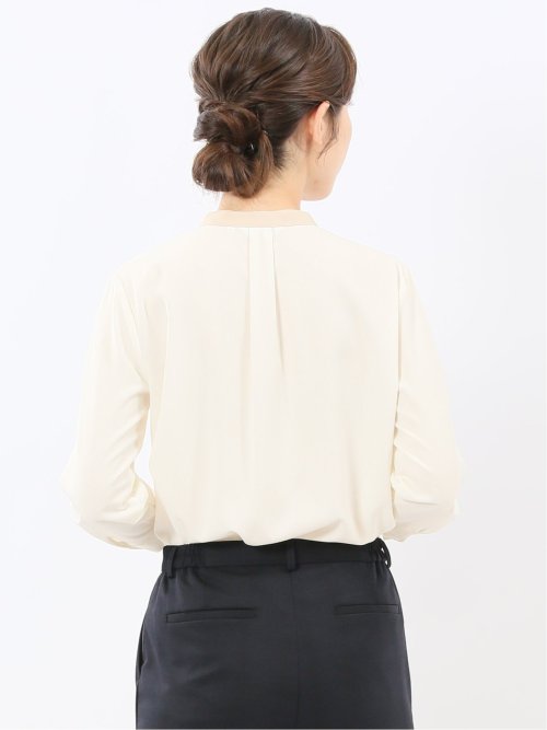 バンドカラー配色 比翼 長袖ブラウス