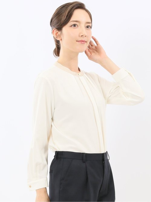 バンドカラー配色 比翼 長袖ブラウス