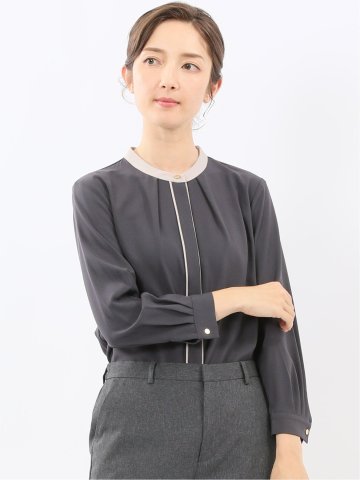 バンドカラー配色 比翼 長袖ブラウス