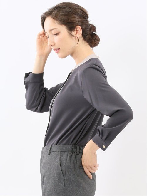 バンドカラー配色 比翼 長袖ブラウス