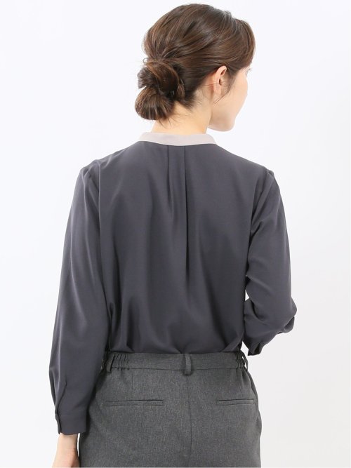 バンドカラー配色 比翼 長袖ブラウス