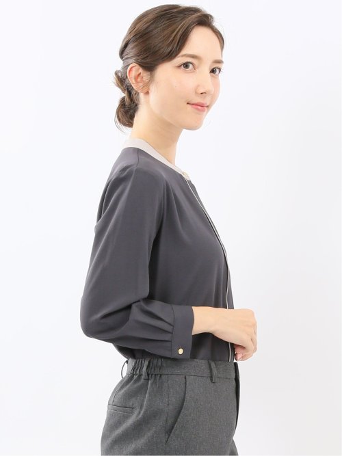 バンドカラー配色 比翼 長袖ブラウス