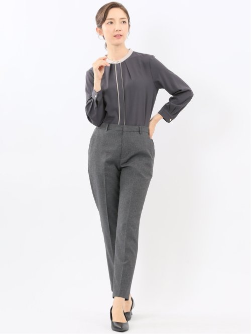 バンドカラー配色 比翼 長袖ブラウス