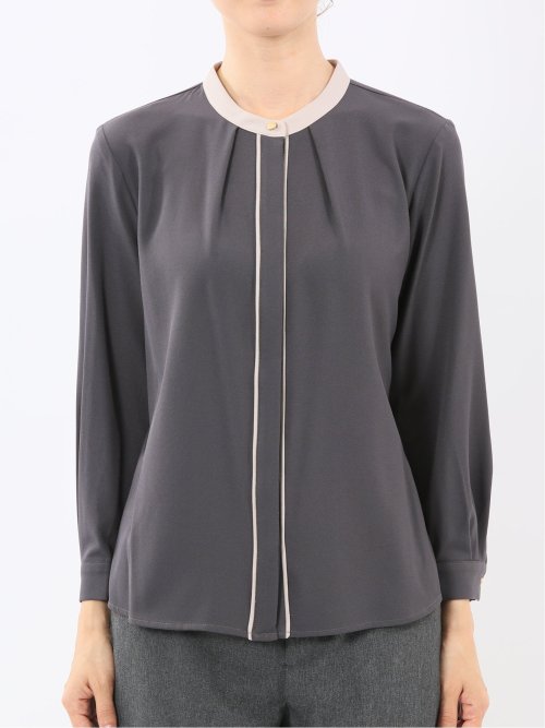 バンドカラー配色 比翼 長袖ブラウス