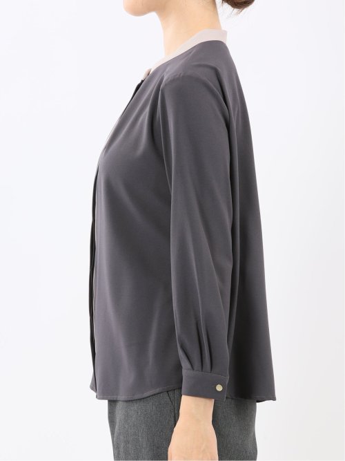 バンドカラー配色 比翼 長袖ブラウス