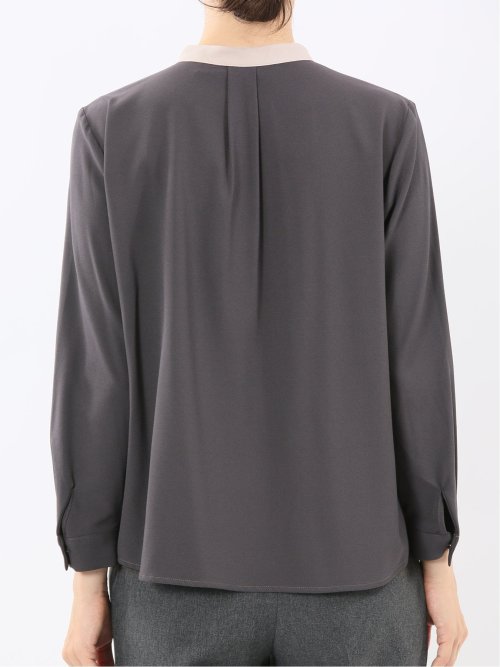 バンドカラー配色 比翼 長袖ブラウス