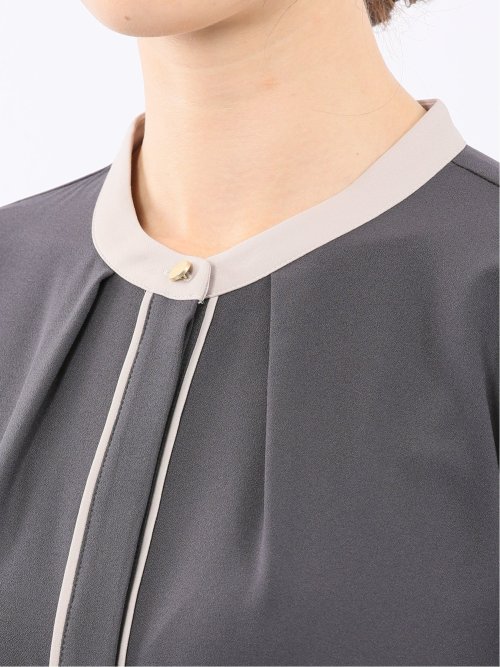 バンドカラー配色 比翼 長袖ブラウス