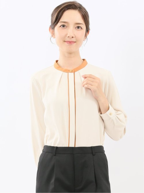 バンドカラー配色 比翼 長袖ブラウス