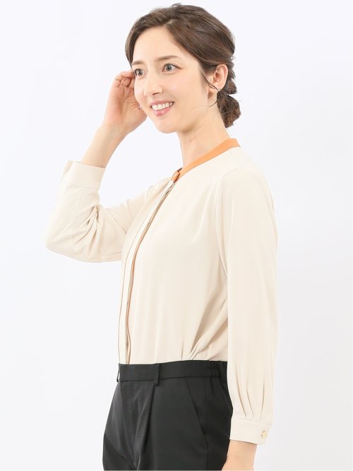 バンドカラー配色 比翼 長袖ブラウス