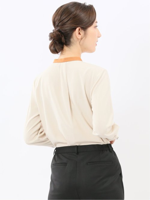 バンドカラー配色 比翼 長袖ブラウス