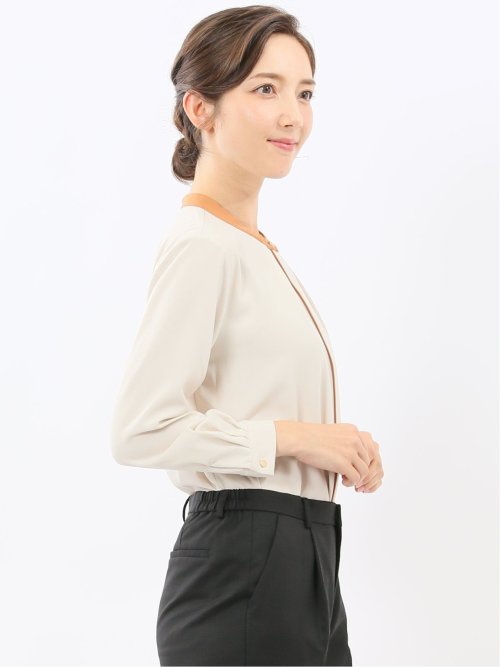 バンドカラー配色 比翼 長袖ブラウス