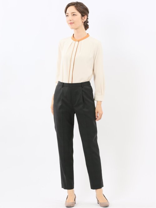 バンドカラー配色 比翼 長袖ブラウス