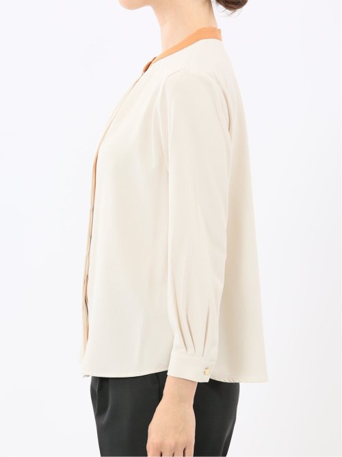 バンドカラー配色 比翼 長袖ブラウス