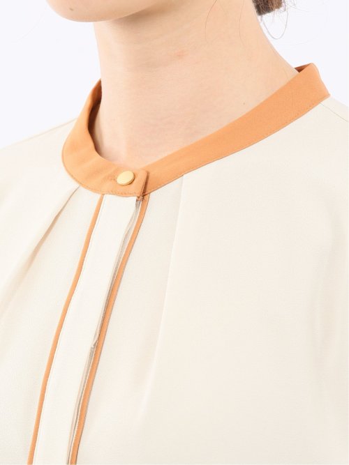 バンドカラー配色 比翼 長袖ブラウス