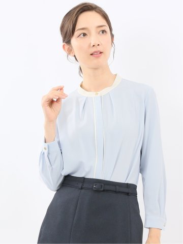 バンドカラー配色 比翼 長袖ブラウス
