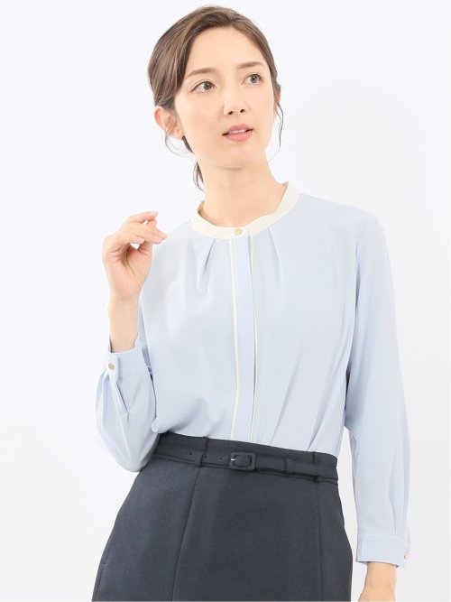 バンドカラー配色 比翼 長袖ブラウス