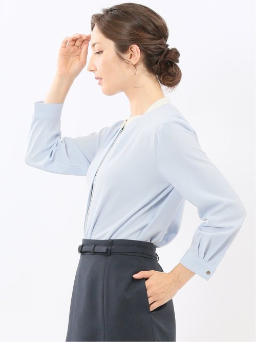 バンドカラー配色 比翼 長袖ブラウス