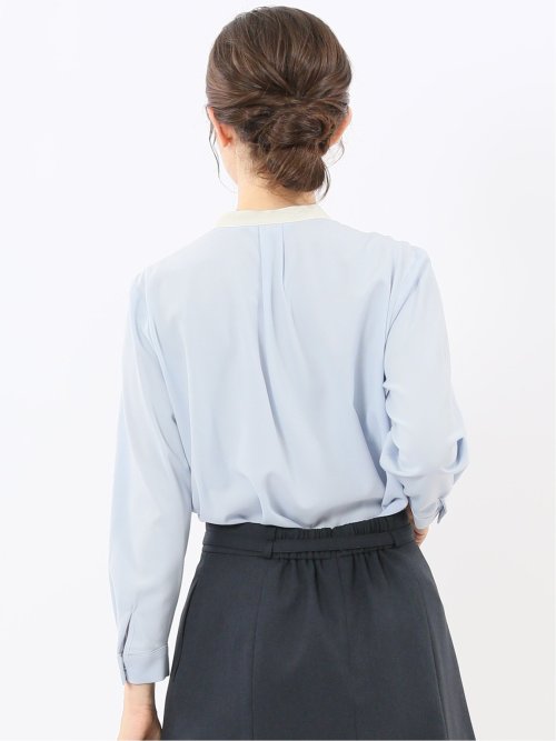 バンドカラー配色 比翼 長袖ブラウス