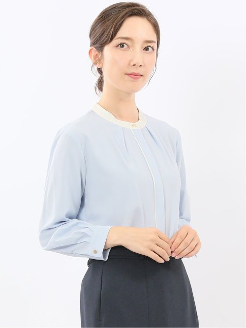 バンドカラー配色 比翼 長袖ブラウス