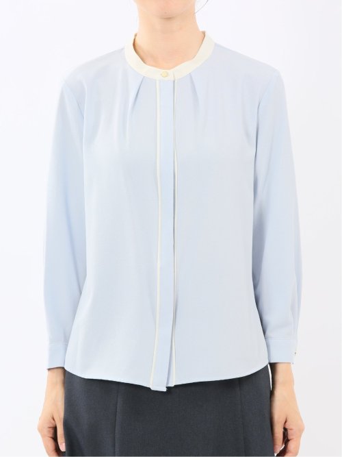 バンドカラー配色 比翼 長袖ブラウス