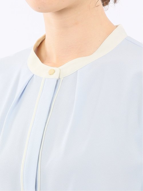 バンドカラー配色 比翼 長袖ブラウス