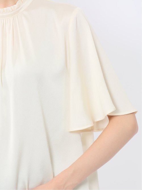 シボサテン ギャザーネック半袖プルオーバーブラウス