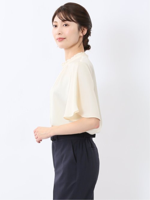 シボサテン ギャザーネック半袖プルオーバーブラウス