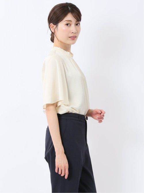 シボサテン ギャザーネック半袖プルオーバーブラウス
