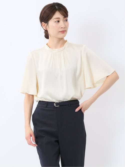 シボサテン ギャザーネック半袖プルオーバーブラウス