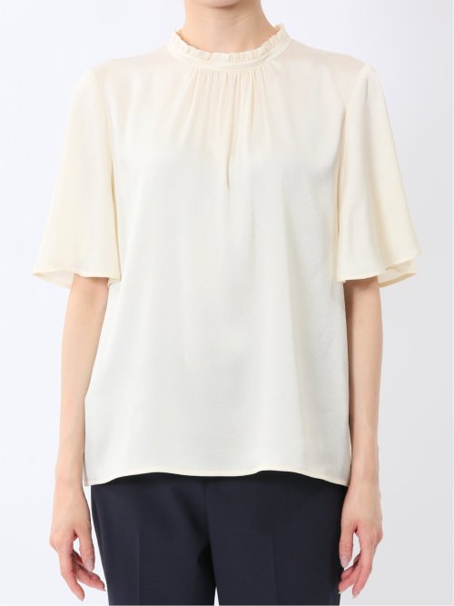 シボサテン ギャザーネック半袖プルオーバーブラウス